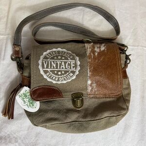 Myra Bag Vintage Stamp Upcycled Canvas & Cowhide Leather Bag